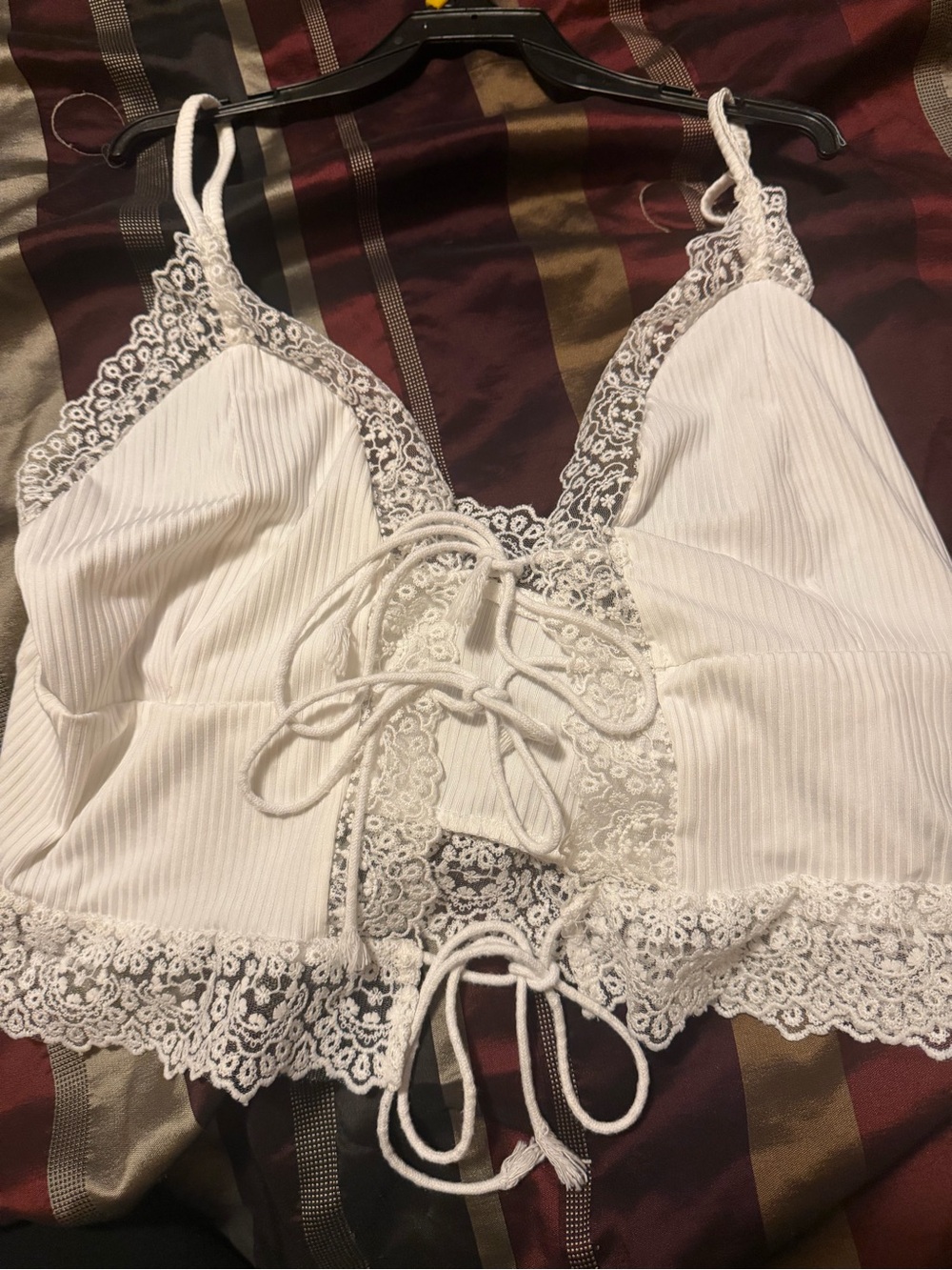SHEIN White Ribbed Lace-Trim Tie-Front Cami
